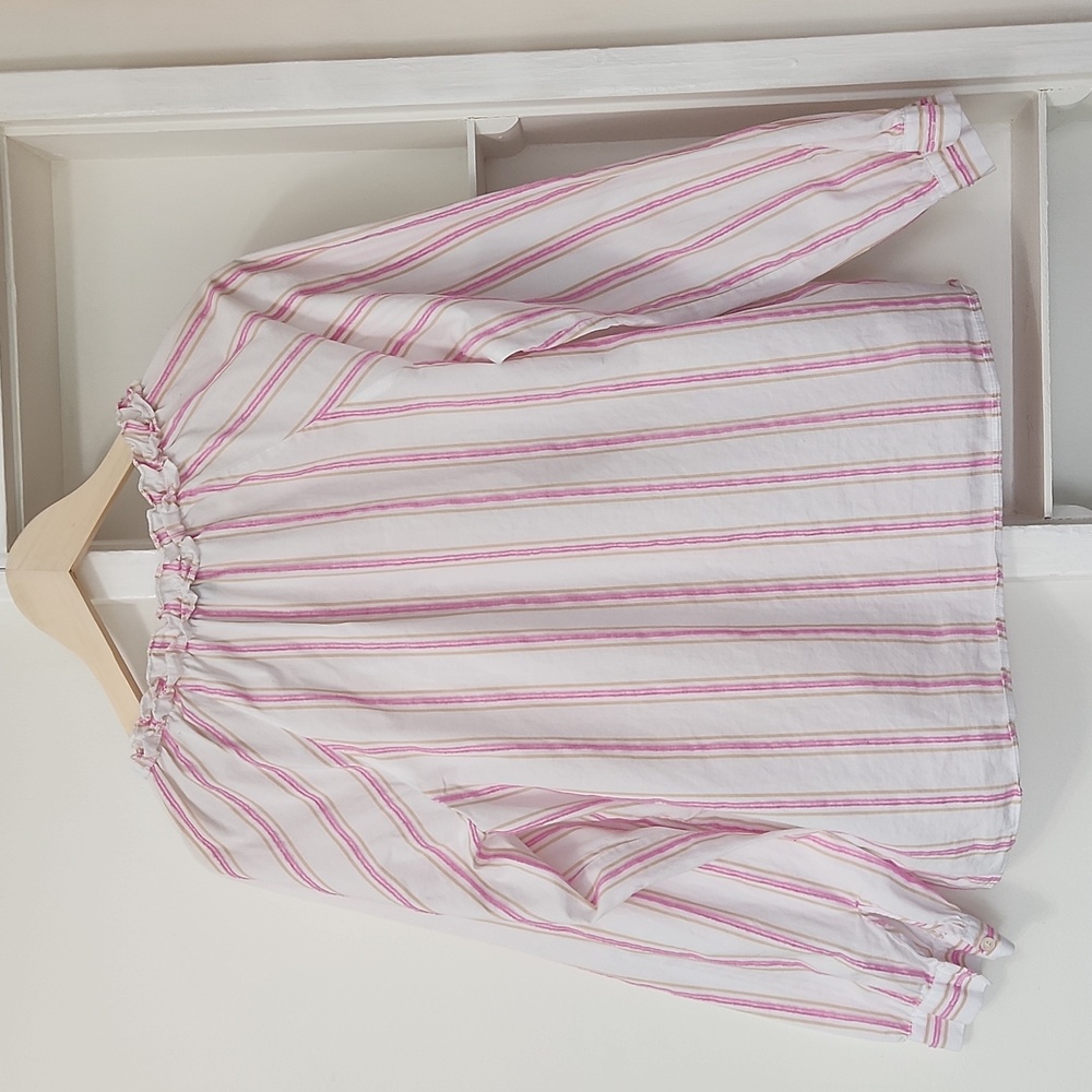 J. Crew Ruffle Neck Tie-Front Striped Blouse Cotton Popover Pink Tan Small - Picture 13 of 13